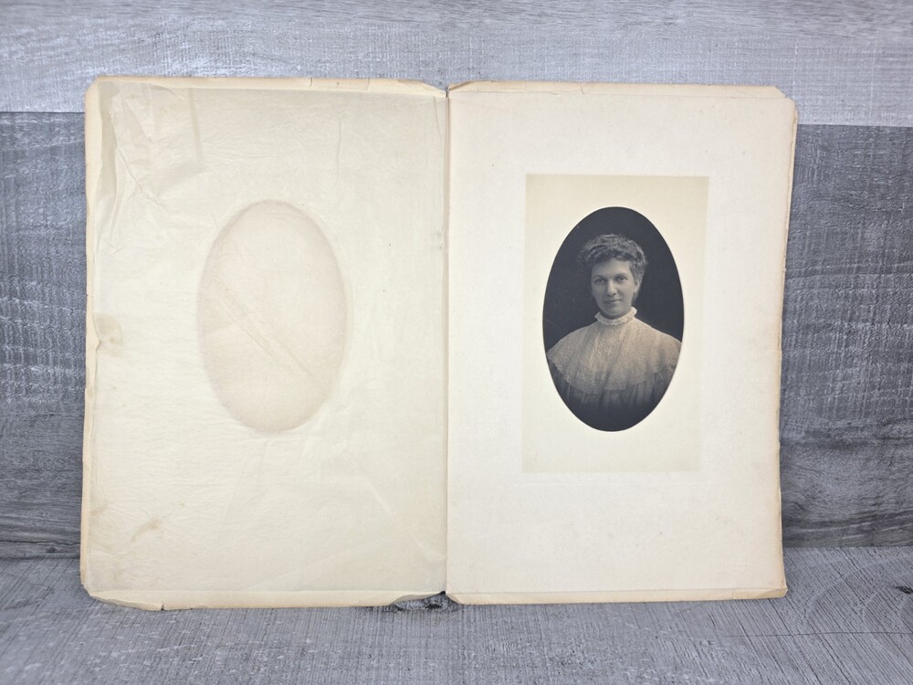 Antique 1900s Oval Portrait Photograph Young Woman w Presentation Folder 197.15
